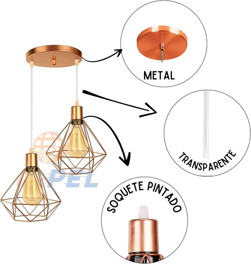 Pendente duplo decorativo de teto Diamante luminárias rose gold