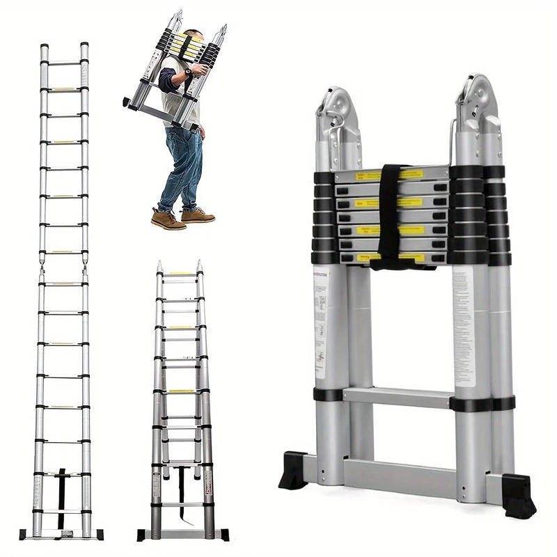 Escada telescópica de alumínio de 16,5 pés com barra estabilizadora Escadas retráteis tipo A compactas e fáceis de transportar para oficina RV Camper